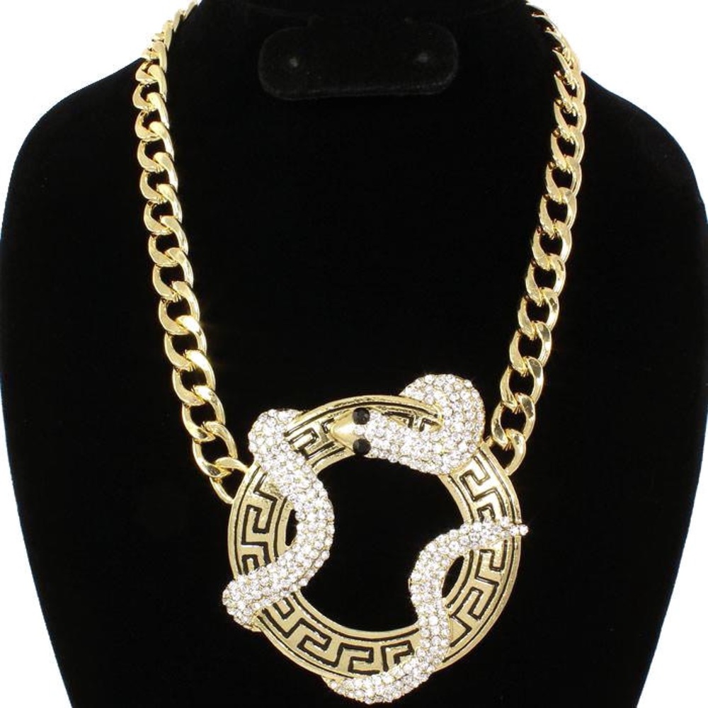 Statement Crystal SNAKE Medallion Greek Key Chain curb Link Necklace Gold Black